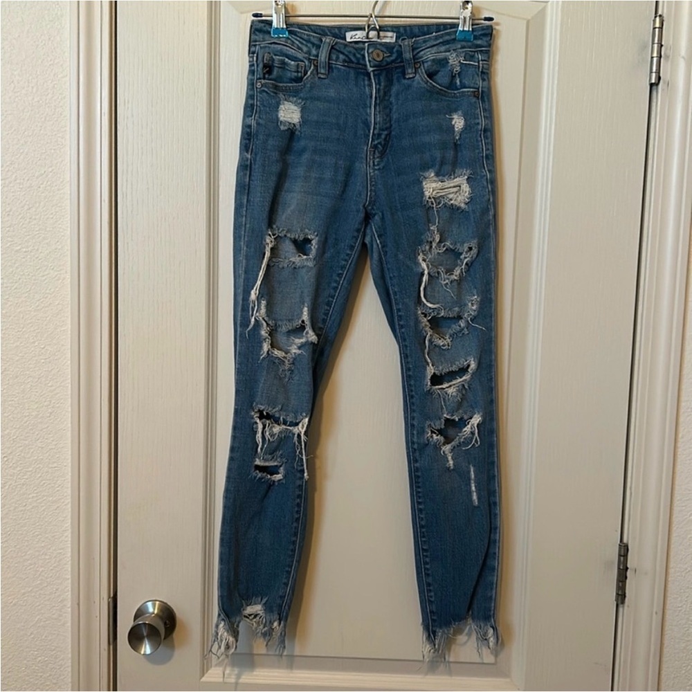 KanCan Raw Hem Distressed Skinny Jeans - Blue